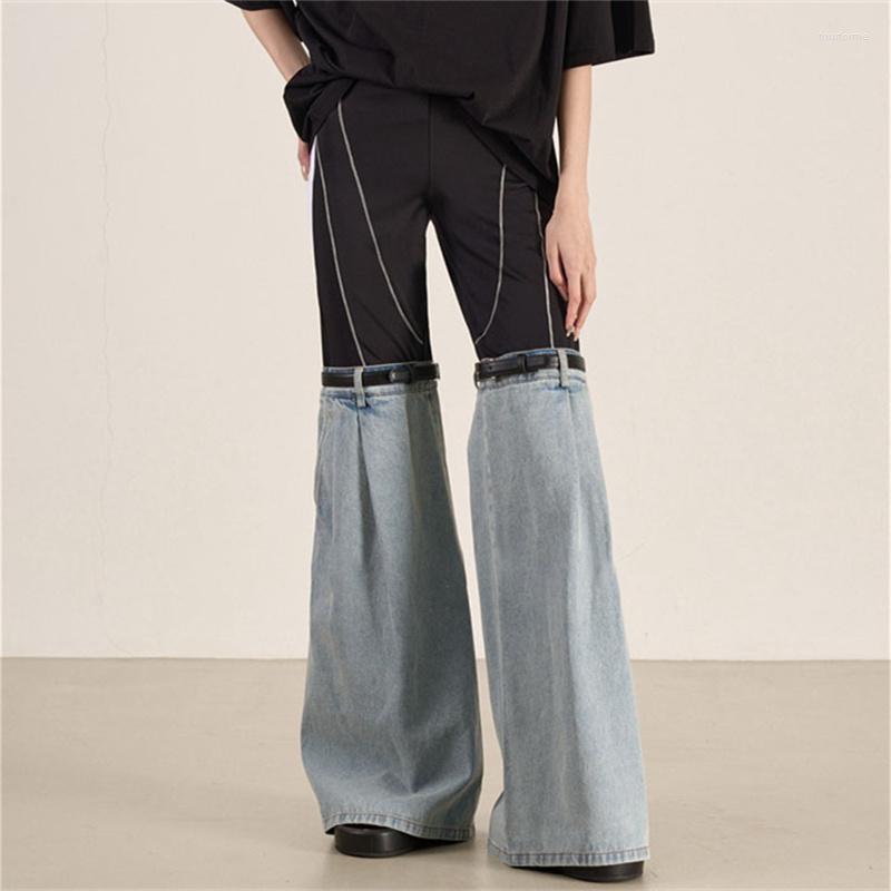 

Women' Pants Women' Jeans 2023 Summer Cotton Denim Contrast Panel Flare Korean Fashion Elastic Waist Slim Fit Wide Leg, Black