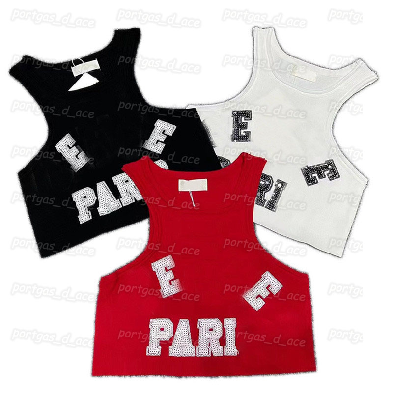 

Sequins Women T Shirt Letter Sexy Crop Tank Tops Letter Sleeveless Knit Tanks Summer Red White Black Vest, Red with label ~