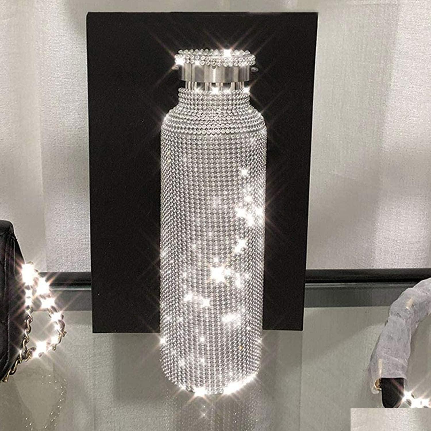 

Tumblers 500Ml Sparkling Diamond Tumbler Stainless Steel Bling Rhinestone Water Bottle Portable Outdoor Kettle With Lid Drop Deliver Dhxjk, White