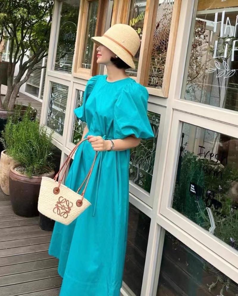 

Party Dresses Korea 2023 Candy Color Bubble Sleeve Open Back Short Dress, Green