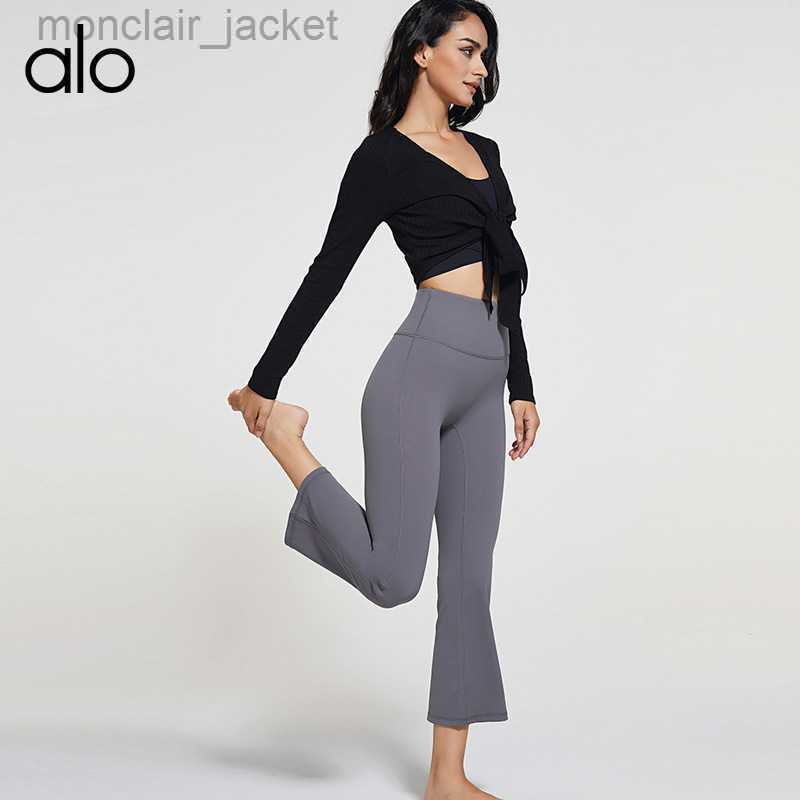 

Desginer Alos Yoga Leggings New Women's High Waist Wide Foot Nude Pants No Embarrassment Thread Lifting Hip Exercise Fitness Pant Dance, Fog blue