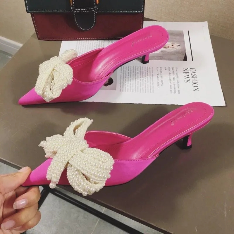 New Slippers Comemore Women Mules Med Heel Sandals Summer Slip On Slides Butterfly Loafers Flip Flops Shoes Outdoor Slipper