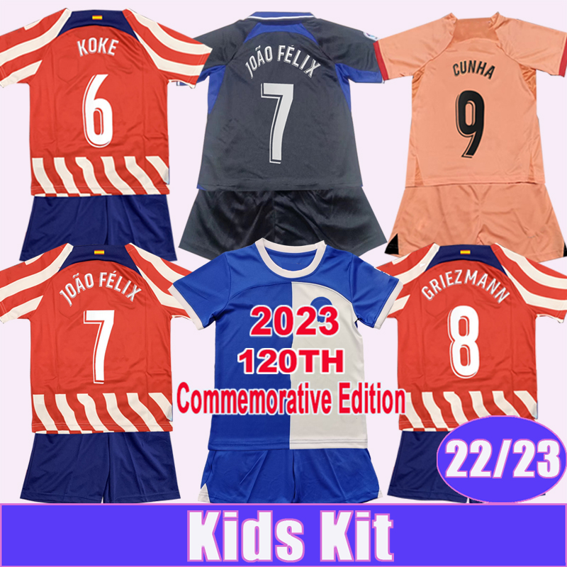 

2023 JOAO FELIX Kids Kit Soccer Jersey 120TH Commemorative Edition 22 23 GRIEZMANN KOKE SUAREZ M. LLORENTE CARRASCO R. DE PAUL J.M GIMENEZ Home Away 3rd Football Shirts, Tz9767 22 23 away no socks