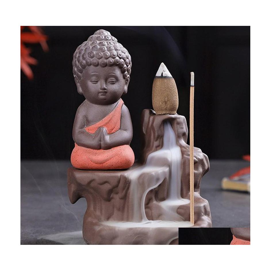 

Fragrance Lamps Buddha Smoke Backflow Incense Burner Little Monk Waterfall Stick Holder Home Office Teahouse Decor Drop Delivery Gar Dhca5