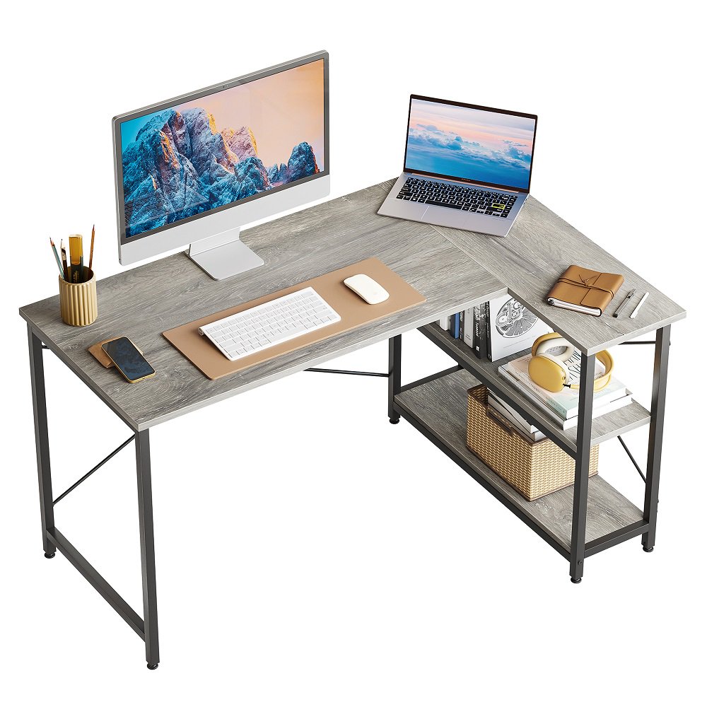 

47 inch Corner L-Shaped Desk with Storage Shelves Writing Desk Wash Grey