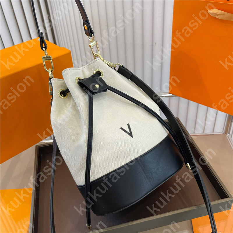 

4 Colors Woman Canvas Drawstring Designer Bucket Bag Womens Luxury Handbags Leather Strap Shoulder Bags Crossbody Bag Purse, V1
