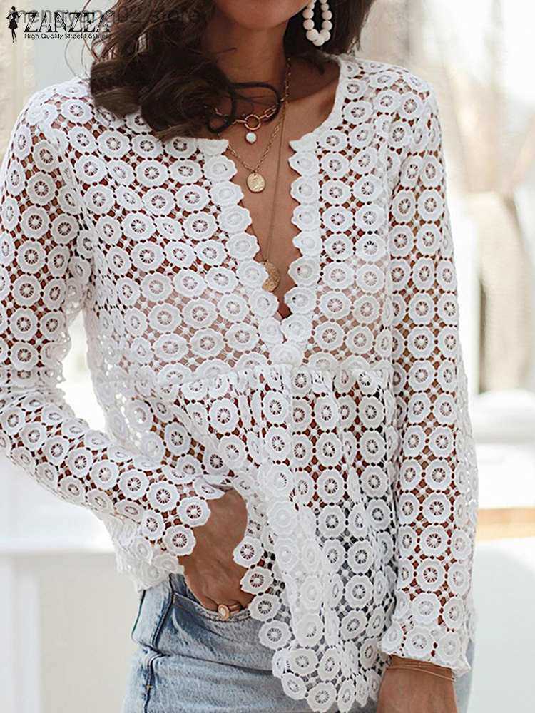 Women's Blouses Shirts ZANZEA Fashion V Neck Long Sleeve Lace Crochet Blouse Women Summer Hollow Out Tops Sexy Holiday Beach Cover Up Shirt-image-864077305