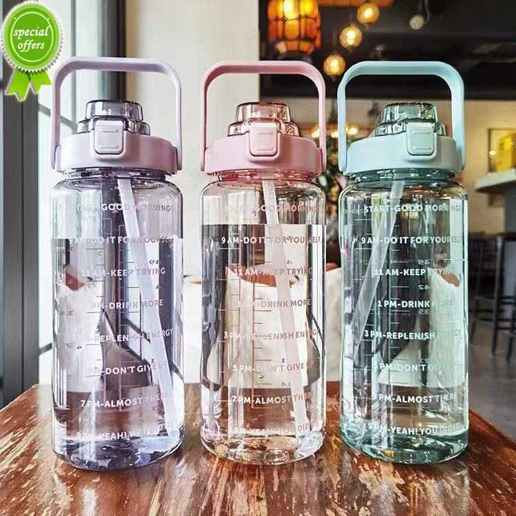 

2L Water Bottle with Straw Female Girls Large Portable Travel Bottles Sports Fitness Cup Summer Cold Water with Time Scale, 1pc brush