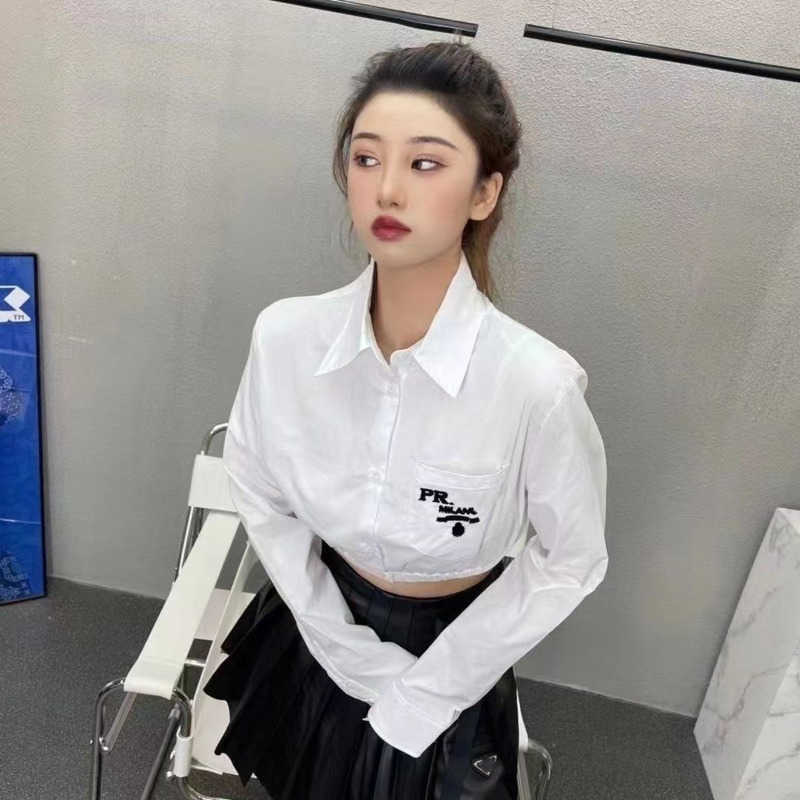 

designer casual shirt ladies lapel cardigan coat fashion print cashmere long sleeved shirts cropped umbilical cord top, White