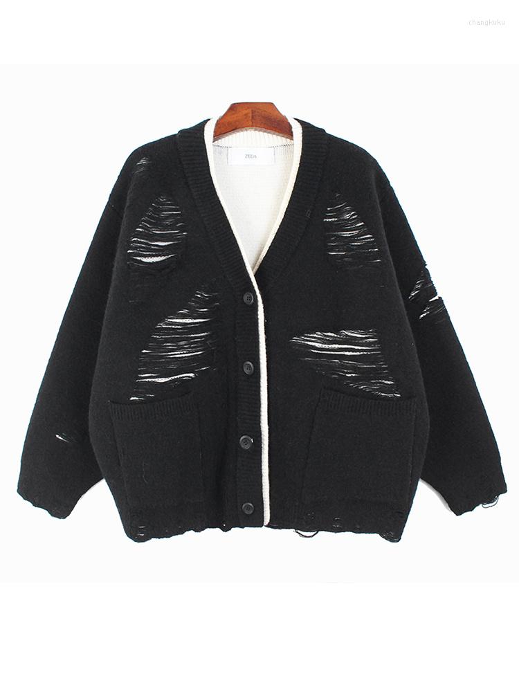 

Women's Knits Holes Big Size Knitting Cardigan Sweater Loose Fit V-Neck Long Sleeve Women Fashion Tide Autumn Winter 2023 C620, Black
