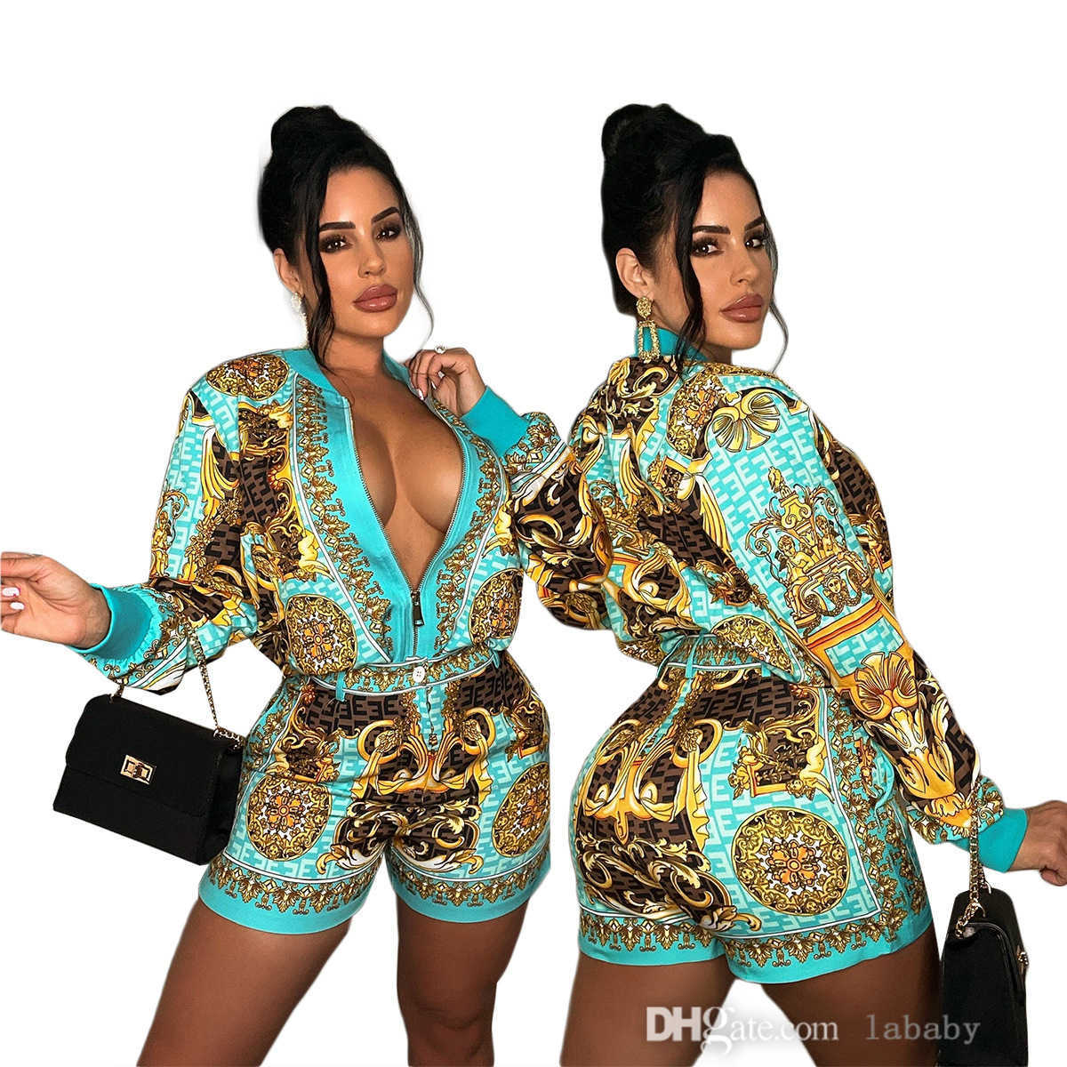

Designer Tracksuit Women 2023 Fashion Clothing Two Piece Pants Print Zipper Long Sleeve Jacket And Shorts 2Pcs Set Outfits, Green