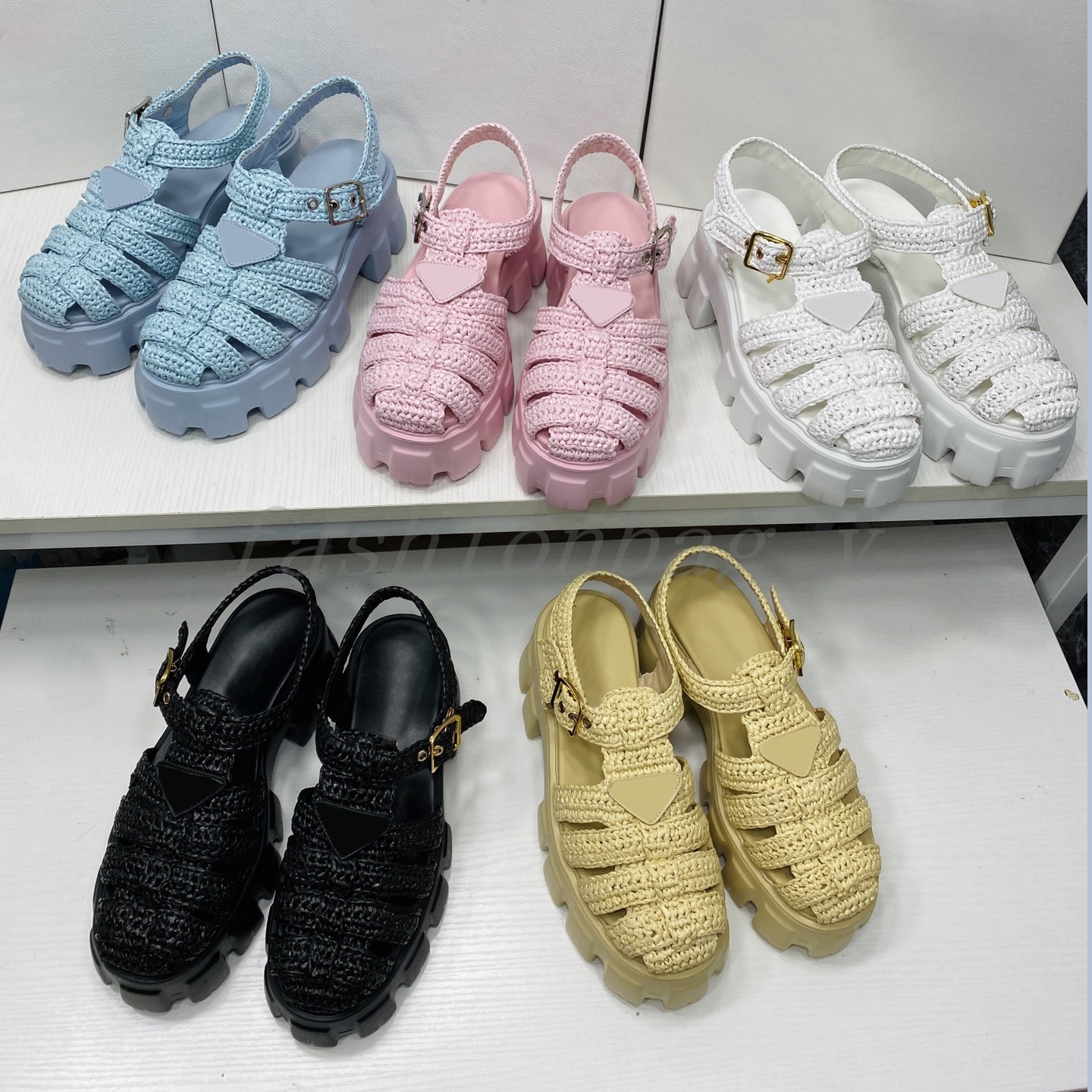 

Designer Sandals Women Monolith Fiber Woven Sandals Summer Muffin Thick Sole Beach Roman Shoes Fresh Color Matching Elevated Shoes