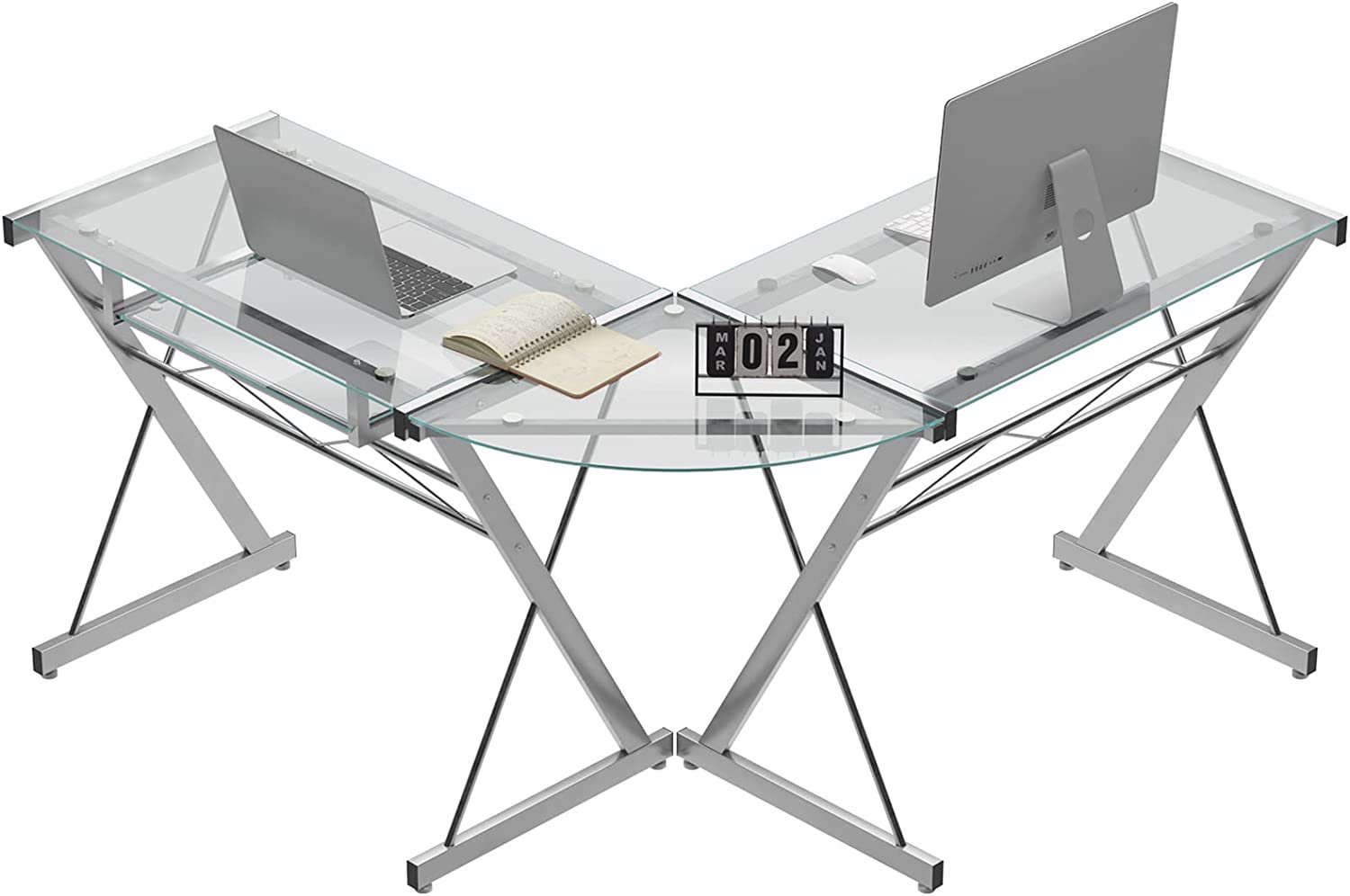 

L-Shaped Desk with Tempered Glass Computer Desk with Keyboard, Metal Frame