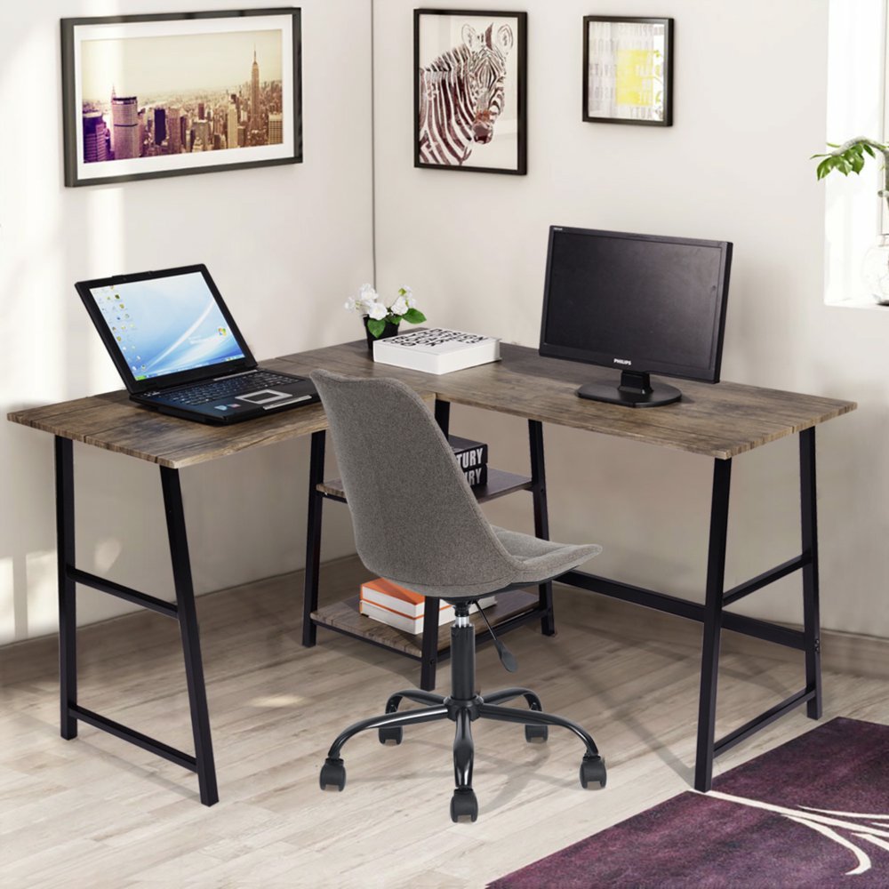 

casa 47 inch L-Shaped Corner Computer Desk with Open Shelf, Vintage Brown