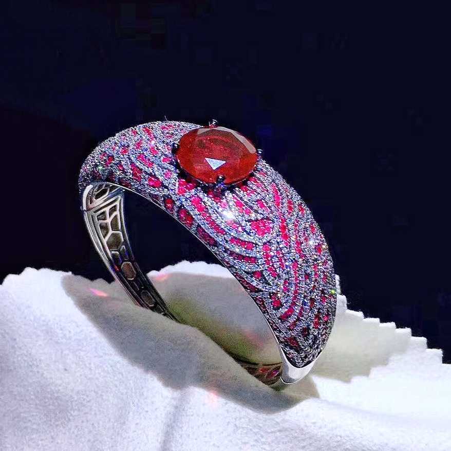 

Luxurious Synthetic Ruby Cuff Bracelet 925 Sterling Silver Zirconia Bangle for Women