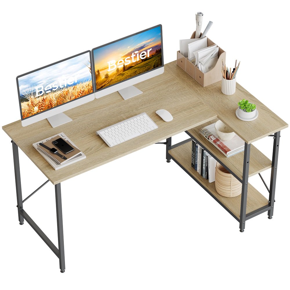 

55 inch Corner L Shaped Computer Desk with Storage Shelves in Oak