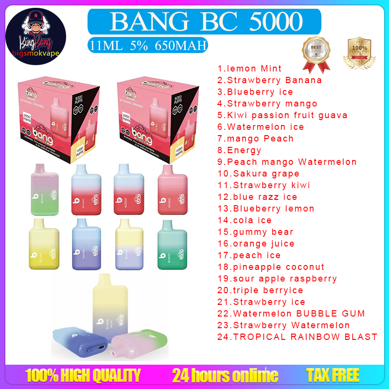 

100% Original Bang Bc5000 Puffs Disposable E cigarette Device Kit 650mAh Rechargeable Battery Prefilled 11ml Cartridge