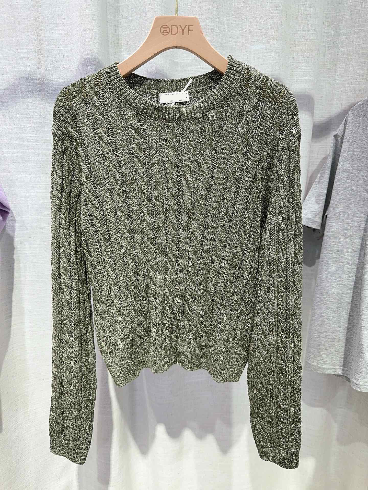 

Bead piece hollowed out striped braid sweater, Sage