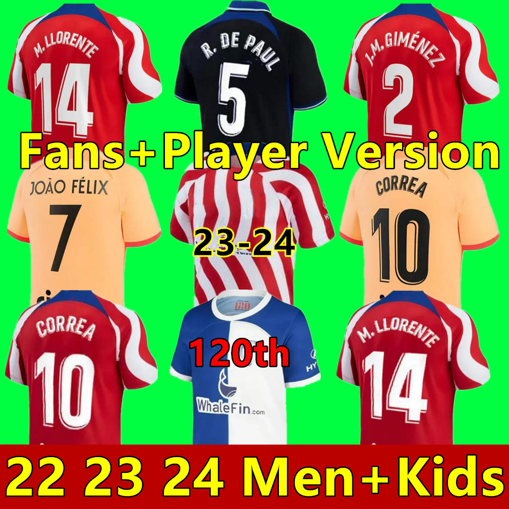 

MEMPHIS soccer jerseys 22 23 24 home away M. LLORENTE Correa camiseta football shirts men kids GRIEZMANN R. DE PAUL CARRASCO Atletico MadridS 120th Anniversary, 22 23 kids third aldult+socks
