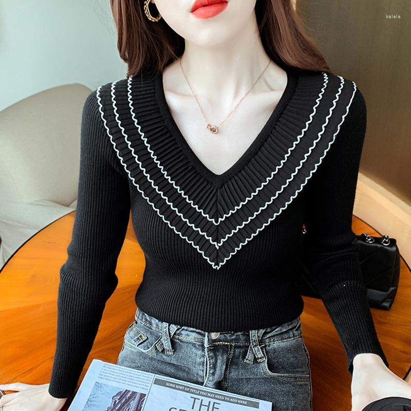 

Women's Sweaters Fashion Ruffles Female Sweater Pullover Autumn Patchwork Women Chiffon V Neck Jumpers Slim Long Sleeve Top Pull Femme, Black
