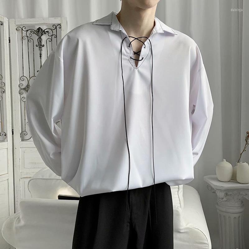 

Men's Casual Shirts Drawstring Solid Long Sleeve White Shirt Vintage Men Oversized Work Blouses Summer 2023 Fashion Japanese Korean Luxury