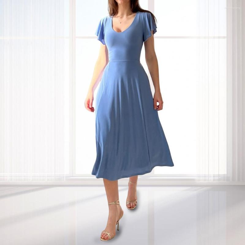 

Casual Dresses Women Dress U-Neck Flying Sleeve Party Solid Color Waist Tight Midi A-line Mid-rise Loose Hem Streetwear, Black