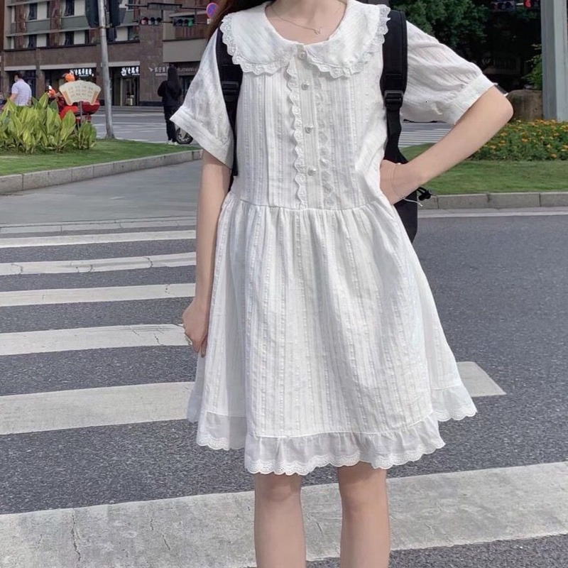 

Casual Dresses QWEEK Kawaii White Lolita Dress Women Soft Girl Sweet Princess Ruffle Elegant Dresses Peter Pan Colalr Button Summer 230509, Beige