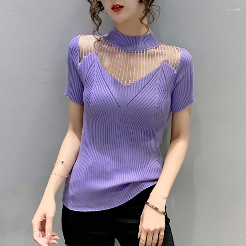 

Women's T Shirts Thin Knitted Mesh Patchwork Shirt Women Summer Tops Hollow Out T-Shirts Short Sleeve Woman Clothes Tee Femme Camisetas, Black