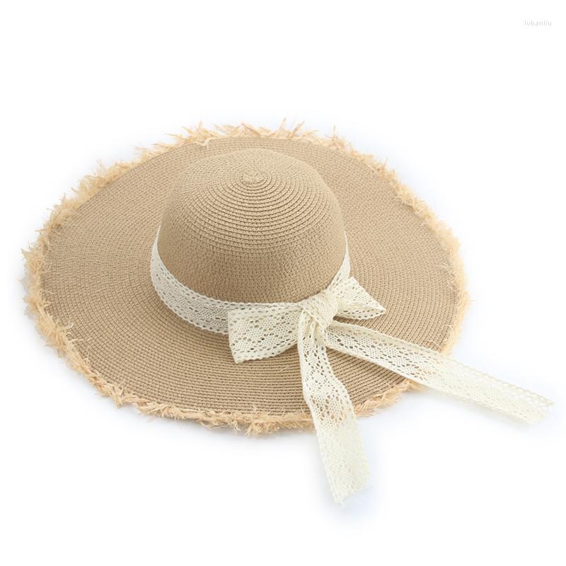 

Wide Brim Hats Beach Hat For Women Luxury Dome Round Top Bowknot Lace Khaki White Casual Bucket Summer Straw Sun, Beige