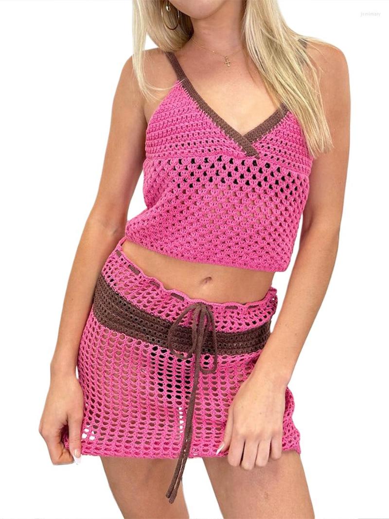 

Two Piece Dress Women Crochet Sets Outfits Sleeveless Tank Tops Knit Skirt Set Swimwear Cover Up, Rose red