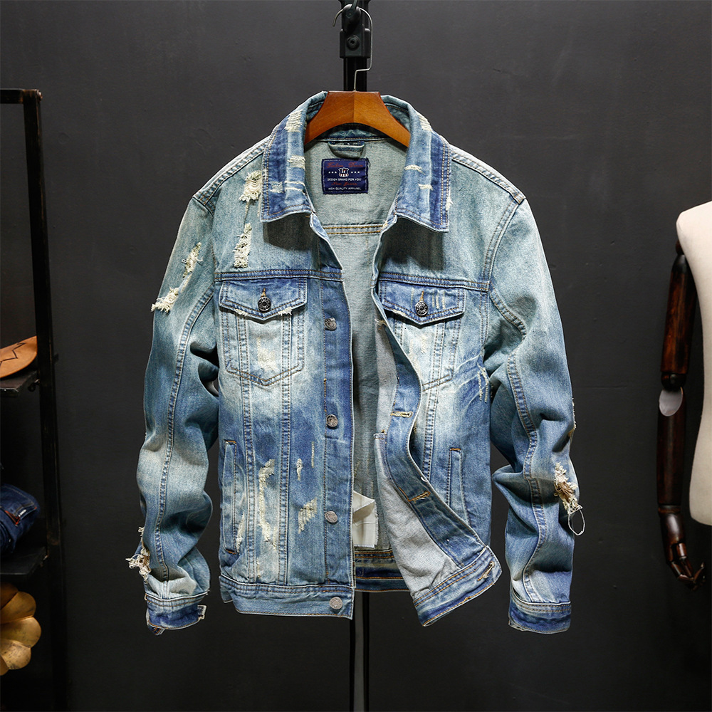 

Men's Jackets Men's Retro Ripped Denim Jacket Fashion Washed Denim Top Outerwear 230509, Blue