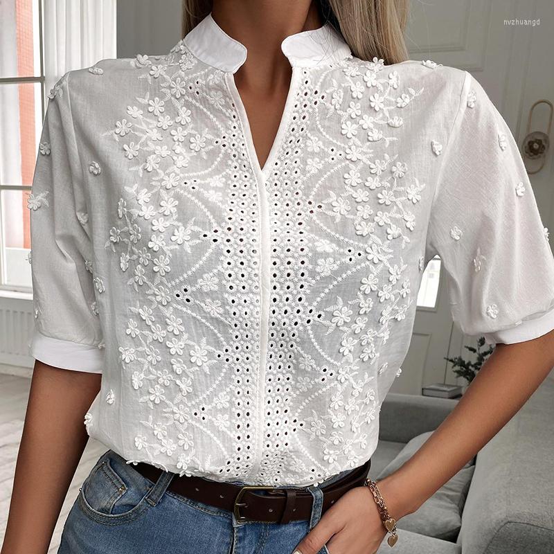 

Women' Blouses Floral Embroidery Ripped Blouse Women 2023 Summer Fashion Stand Collar Short Sleeve White Shirt Woman Casual Loose Pullover