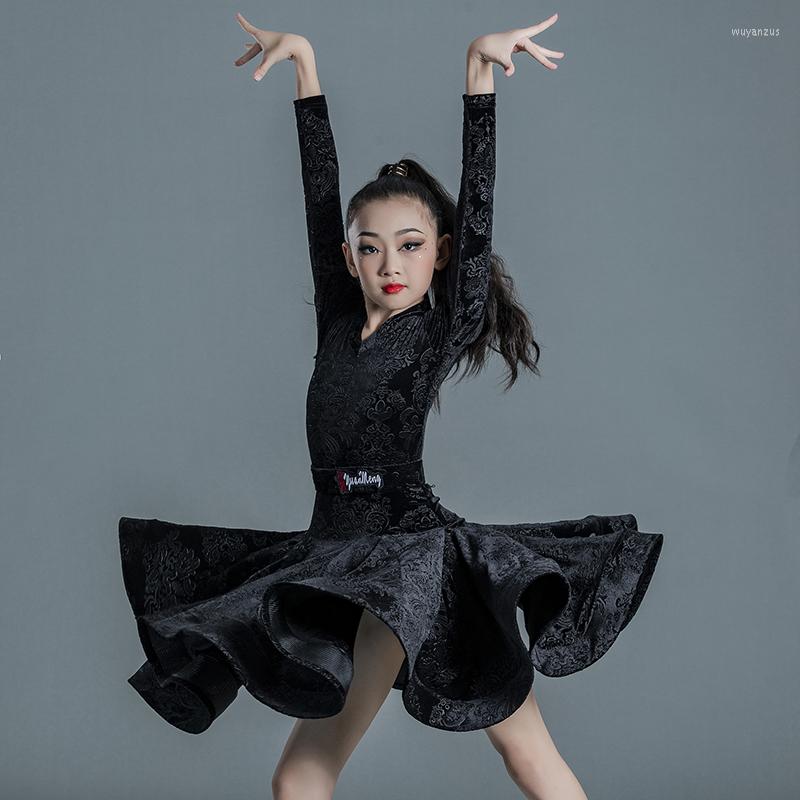 

Stage Wear 2023 Latin Dance Costumes For Girls Children Long Sleeved Velvet Split Skirt Suit Chacha Rumba Tango Clothes DN13986, Picture shown