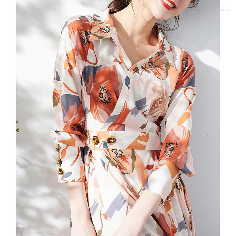 

Casual Dresses Spring Temperament Commute Designer Hand-painted Printed Shirt-style Floral Waist Long Skirt Dress Women, Brown printing