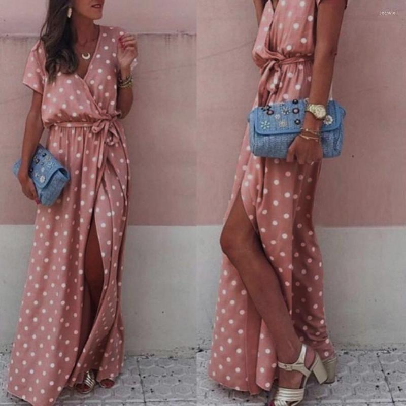 

Casual Dresses Women Sexy Pink Wave Point V-Neck Maxi Dress Female Fork Opening Long Belt Ladies Polka-dot Split Vestido Boho