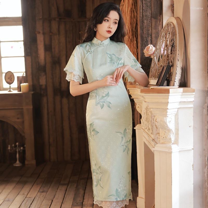 

Ethnic Clothing Fashion Light Green Floral Print Cheongsam Chinese Classic Women's Mandarin Collar Qipao Elegant Short Sleeve Long Dress