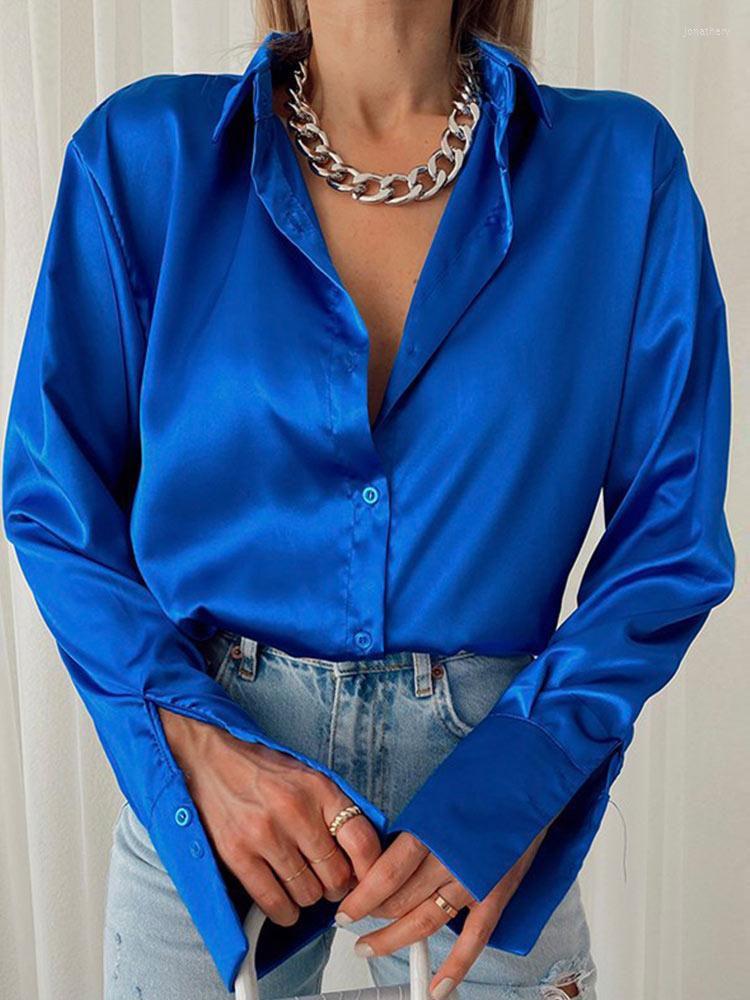 

Women' Blouses Elegant Satin Long Sleeve Women 2023 Vintage Blue Green Silk Shirt Casual Loose Button Up Female Shirts Tops