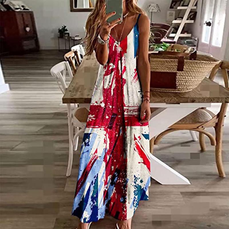 

Casual Dresses Independence Day Print Long Dress Tie Dye Flag Summer Cami Fourth Of July Female Maxi Memorial Vestidos, White