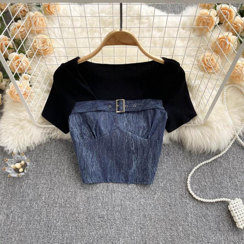 

Women's T Shirts 2023 Upper Outer Garment Fake Two Piece Square Collar Short Sleeve Top Splicing Women's T-shirt, Black