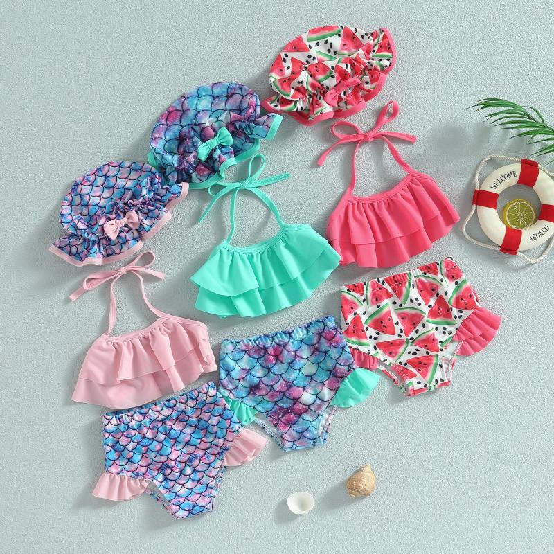 

Women's Swimwear Kid Girl Bikini Swimsuit Sleeveless Hanging Neck Vest Beach Pool Shorts With Hat, Green