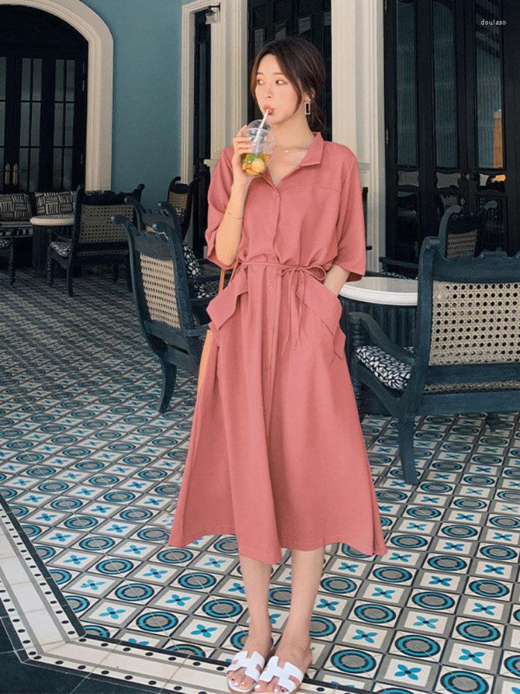 

Party Dresses HOUZHOU Elegant Vintage Long Dress Women Summer Loose Casual Shirt Office Lady Solid High Street Korean Fashion Robe, Yellow