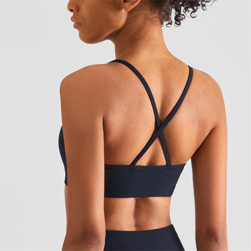 

Yoga Outfit Gym Backless Sports Bra Women Ribbed Crop Top Fitness Vest Beauty Back Crossover Sexy Underwear Push Up Lingerie Sportswear, Rhino gray