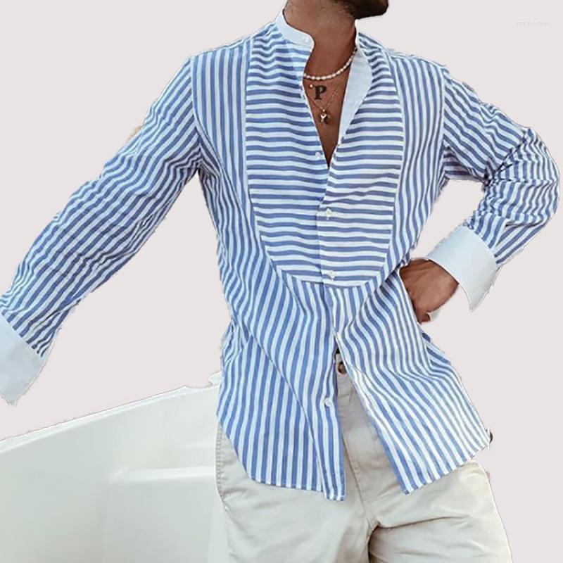 

Men' Casual Shirts Mens Loose Irregular Stripe Stitching Long Sleeve Stand Collar Leisure Shirt Spring Cardigan Tops Men Clothing, A0