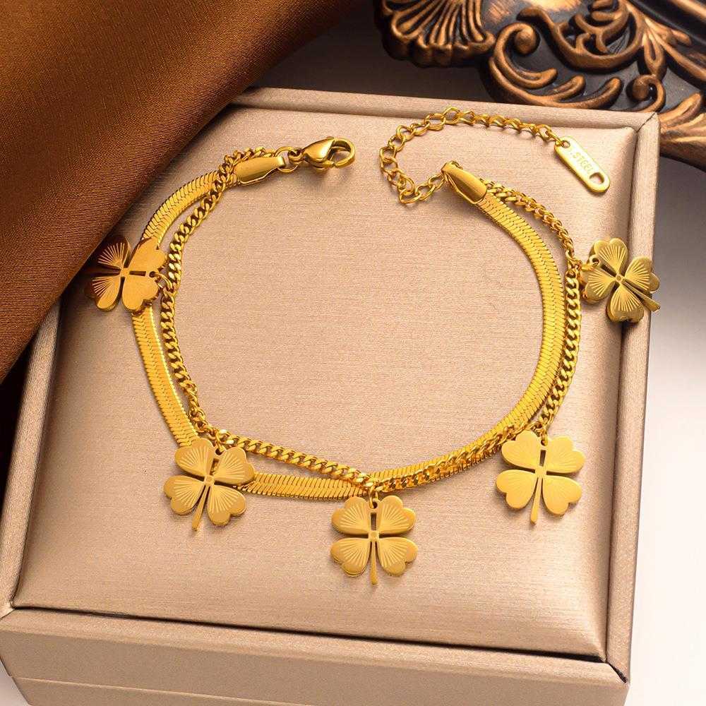 

Non Fading Titanium Steel Bracelet Ins Street Cool Hip Hop Five Four Leaf Clover Snake Bone Double Layer