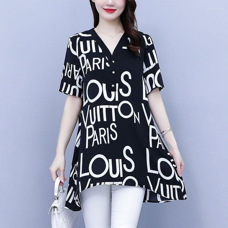 

Women's Blouses Fashion Printed V-Neck Letter Irregular Blouse Women's Clothing 2023 Summer Oversized Casual Pullovers Asymmetrical, Black