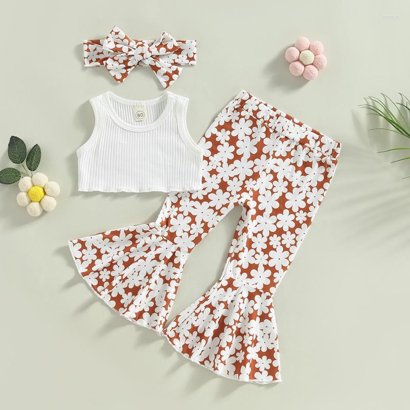 

Clothing Sets Summer Fashion Infant Baby Girls Clothes Suits Solid Color Sleeveless Tank Tops Flower Print Flare Pants Headband 3Pcs Set, Picture shown