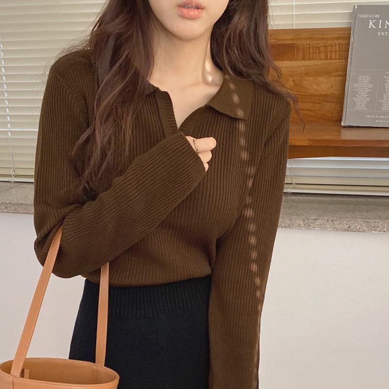 

Women's Sweaters Women Knitted Sweater Turn-Down Collar Korean Style Female Long Sleeve Top Casual Basic Streetwear Jumper, Black