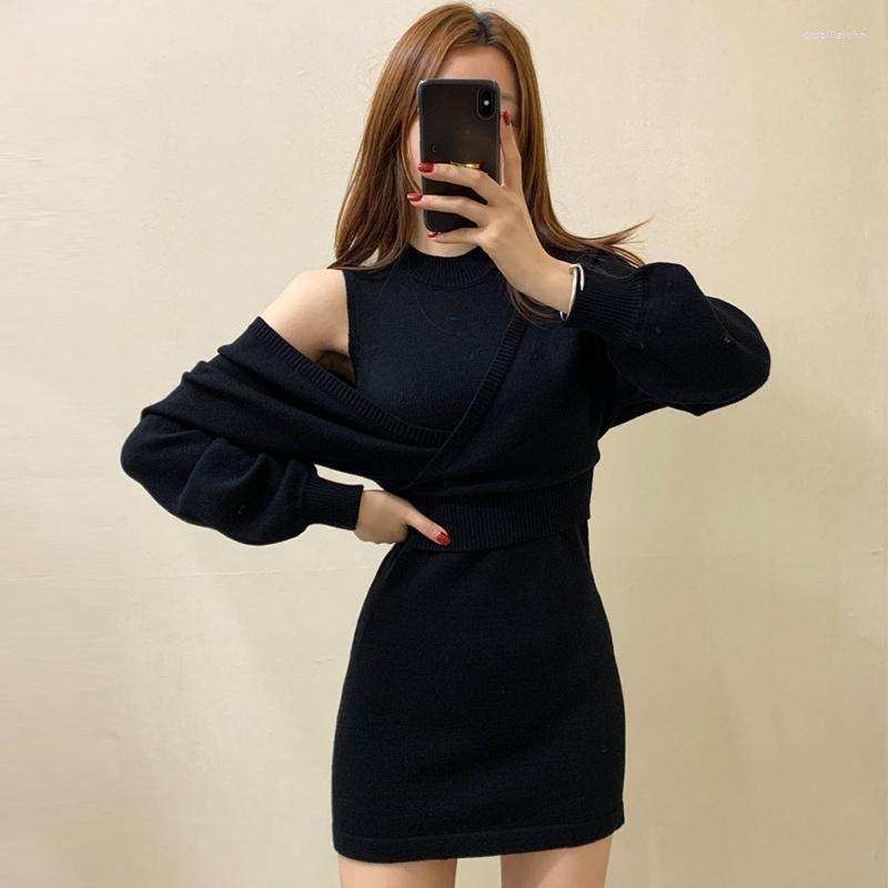 

Work Dresses Korean Elegant Knitted Sweater Dress Sets Women Slim Vest Mini Bodycon Lantern Sleeve Shawl Short Sweaters Tops Chic, Gray