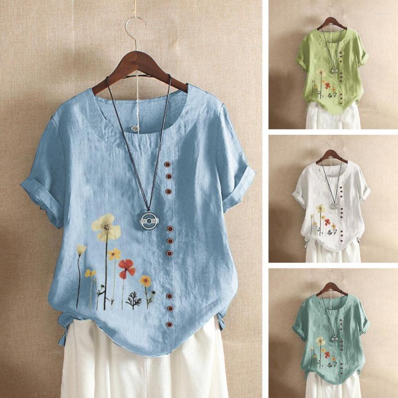 

Women's Blouses Cotton Linen Embroidered Floral Women's Chinese Classic Loose Shirt Top Casual Retro O Neck Short Sleeve Summer Shirts, Green