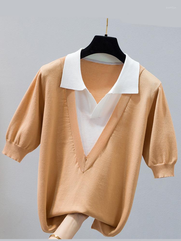 

Women's T Shirts Knitted Women Shirt Short Sleeve Turn-down Collar Patchwork Tee Femme Summer Womens Clothes Tops T-Shirts Camiseta Mujer, Black